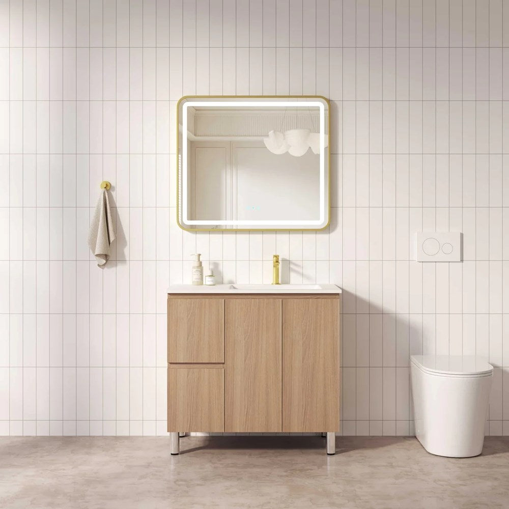 Upgrade your bathroom with the RITA 880mm Freestanding Vanity. Elegant Oak finish, 2 doors, 2 drawers and premium top options available.-Vanity-Left Hand Drawers-Cabinet Only-Legs-Ezymall AU