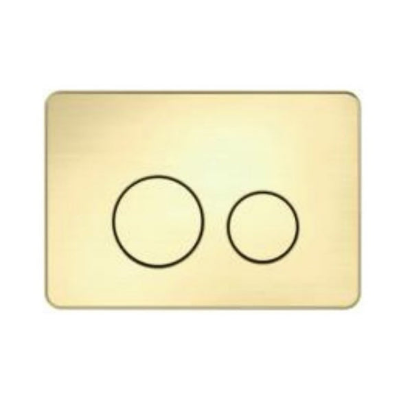 Modern R&T dual flush push plate in brushed gold finish with round buttons, front actuation design and durable ABS construction.-Toilet Pans Push Buttons-Ezymall AU