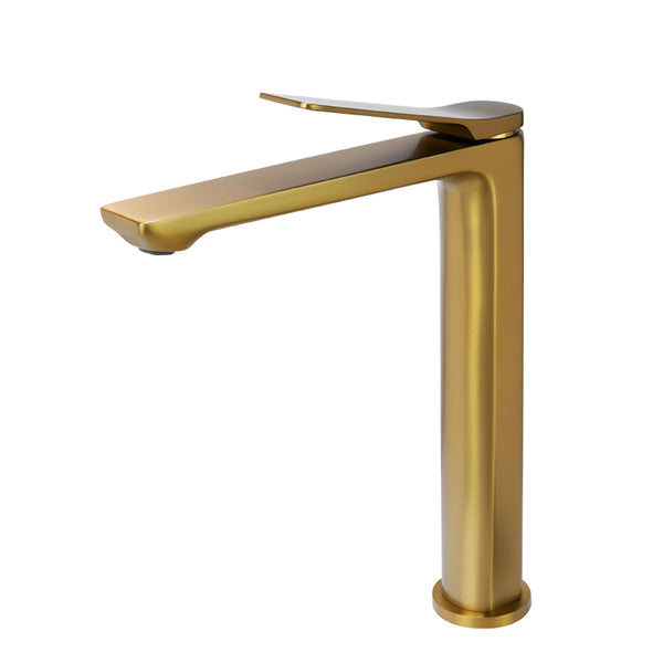Upgrade your basin with the RUSHY Solid Brass Tall Basin Mixer in brushed brass gold. Durable and stylish design. Enhance your bathroom today!-Basin Mixer-Ezymall AU