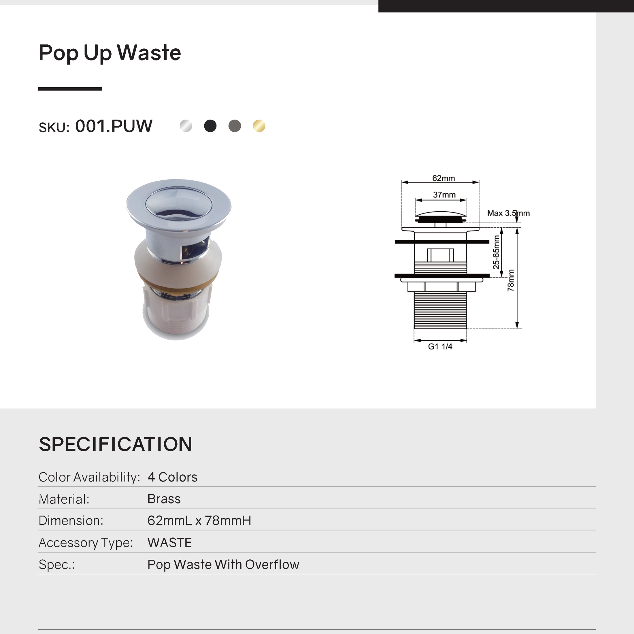 Upgrade your basin with this solid brass pop-up waste in gunmetal grey. Designed with overflow and a 32/40mm size, it combines durability with modern style. Perfect for any bathroom.-Sink Waste-Ezymall AU