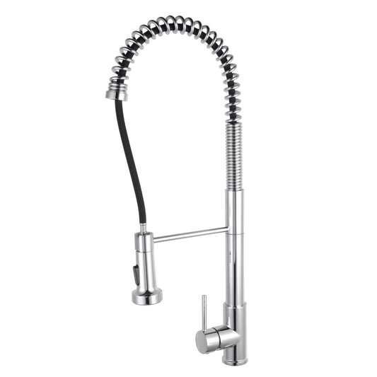 Chrome silver commercial-Style Pull-Out 2 Water Flow Kitchen Mixer front view on a white background