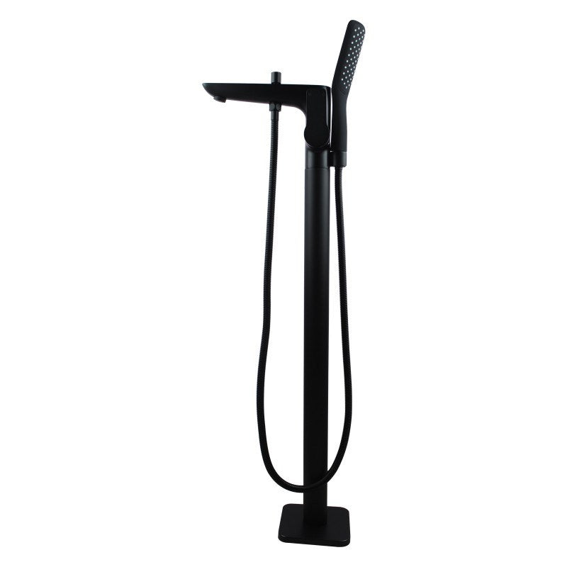 Black freestanding bath tap with handheld shower, solid brass construction, ceramic cartridge and 3 Star WELS rating for modern bathrooms.-Freestanding Shower Station-Ezymall AU