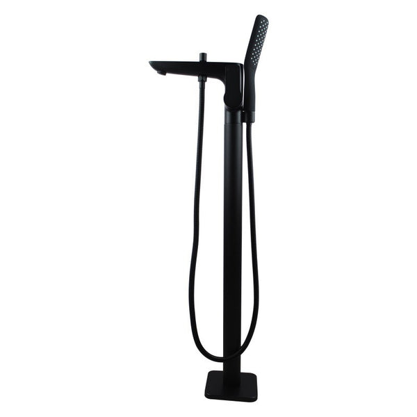 Black freestanding bath tap with handheld shower, solid brass construction, ceramic cartridge and 3 Star WELS rating for modern bathrooms.-Freestanding Shower Station-Ezymall AU