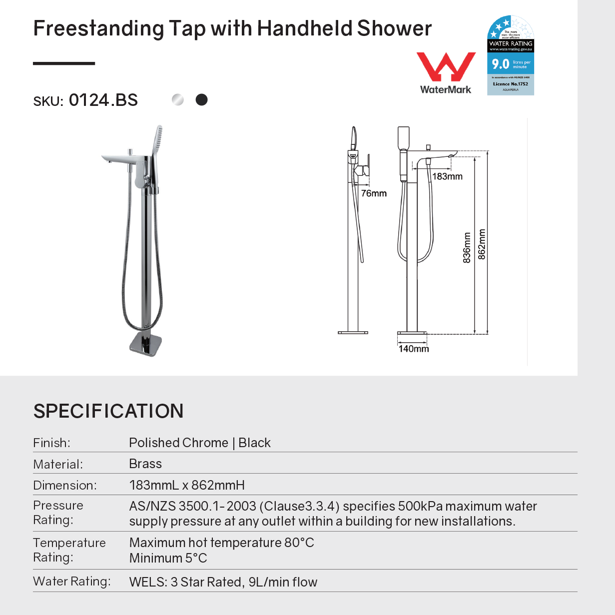 Chrome freestanding bath tap with handheld shower, solid brass construction, ceramic cartridge and 3 Star WELS rating for modern bathrooms.-Freestanding Shower Station-Ezymall AU