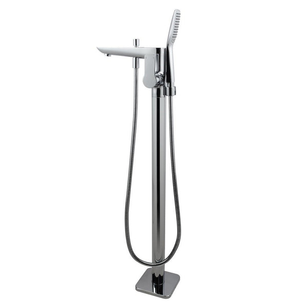 Chrome freestanding bath tap with handheld shower, solid brass construction, ceramic cartridge and 3 Star WELS rating for modern bathrooms.-Freestanding Shower Station-Ezymall AU