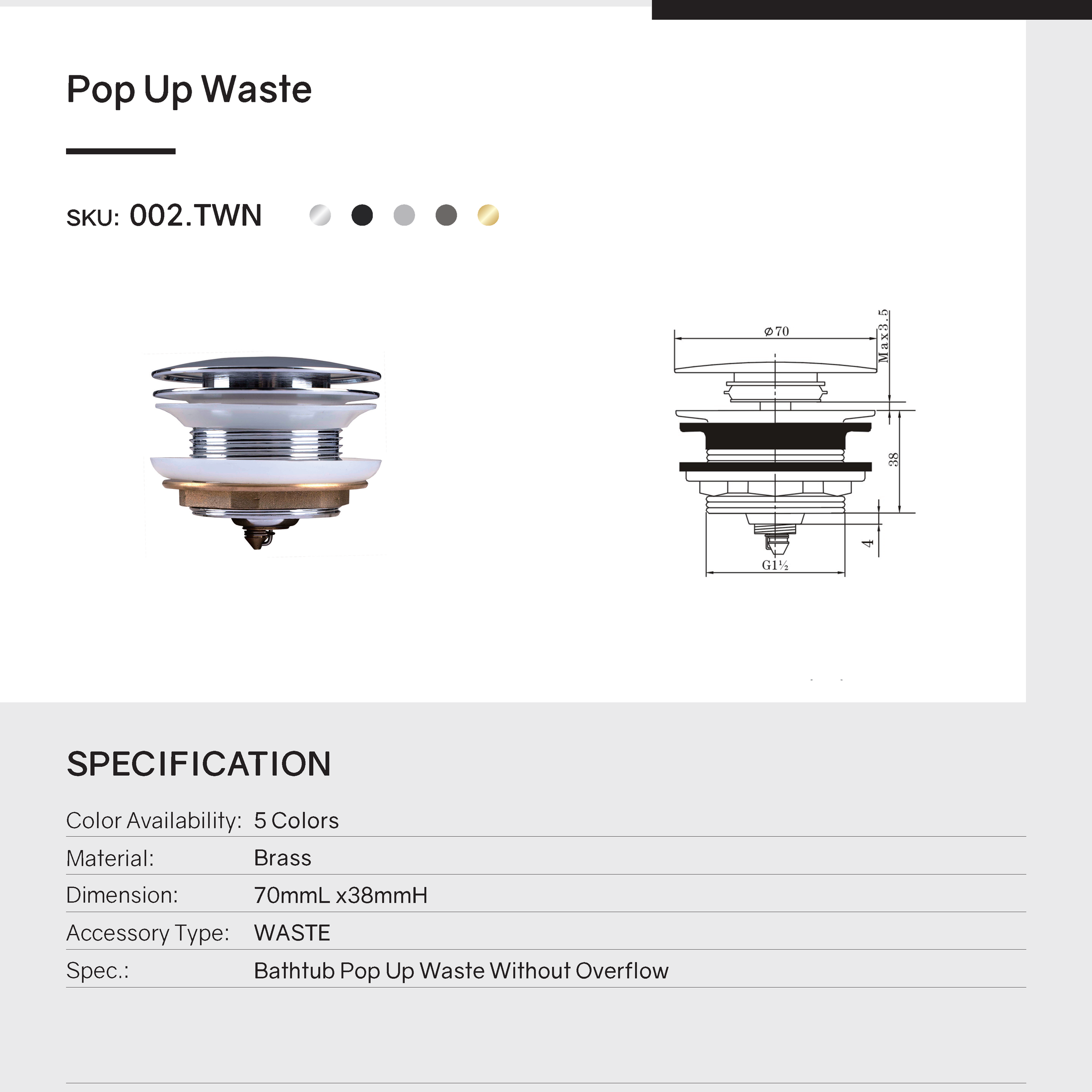 Get the Solid Brass Mushroom Bathtub Pop Up Waste without Overflow in Gunmetal Grey. Stylish and durable. Perfect for any modern bathroom. Fast shipping across Australia.-Sink Waste-Ezymall AU
