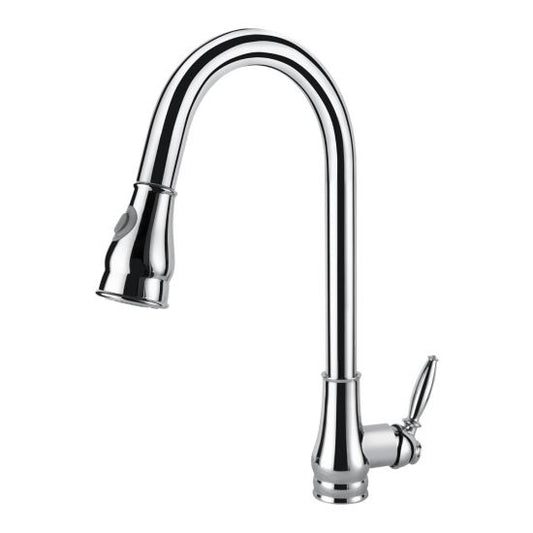 Chrome silver pull Out 2 Water Flow Patterns Vintage Kitchen Mixer front view on a white background