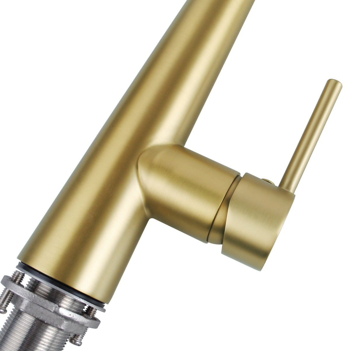 Brushed brass pull Out Kitchen Mixer close-up of the handle and base