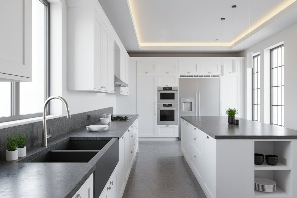 Brushed nickel pull-out kitchen mixer tap installed on a dark stone benchtop in a modern white kitchen.