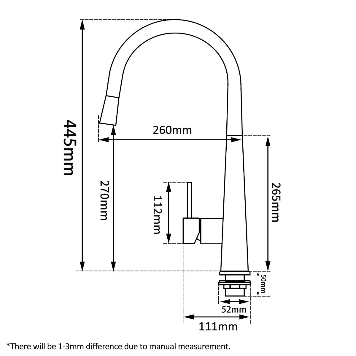 Technical line drawing of a pull-out kitchen mixer tap showing height and reach dimensions in millimetres.