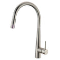 Load image into Gallery viewer, Brushed nickel pull-out kitchen mixer tap with a high-arc spout and single lever handle.
