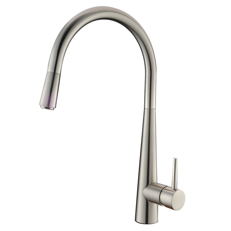 Brushed nickel pull-out kitchen mixer tap with a high-arc spout and single lever handle.