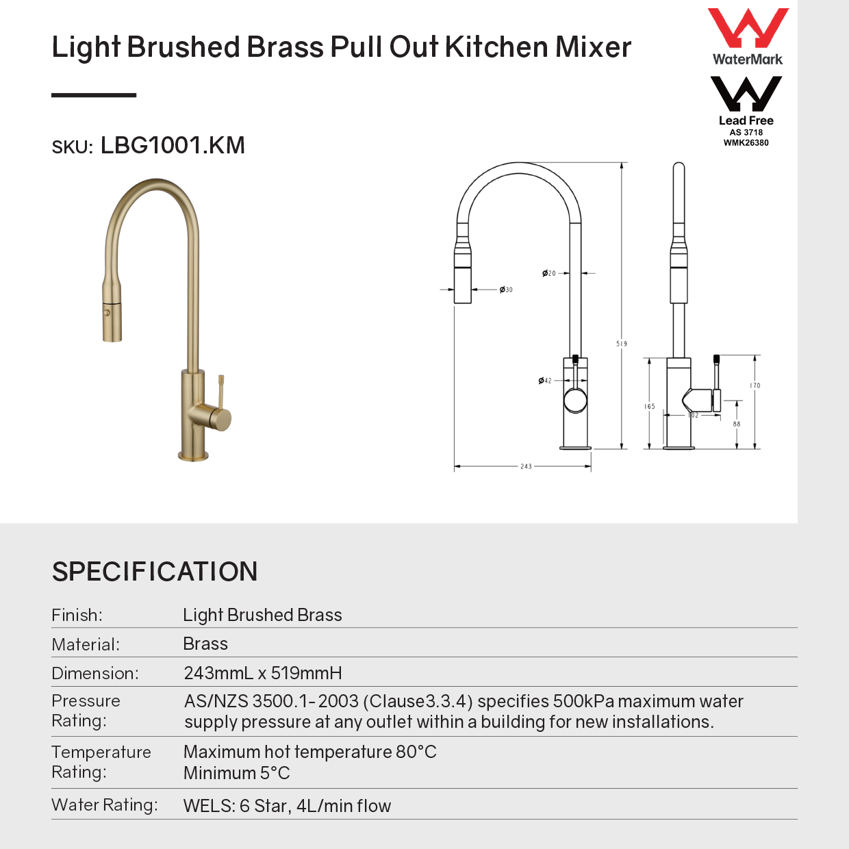 Solid brass pull-out kitchen mixer tap with 6 Star WELS rating, SEDAL ceramic cartridge and 15-year warranty. Watermark approved for Australian homes.-Kitchen Mixer-Ezymall AU