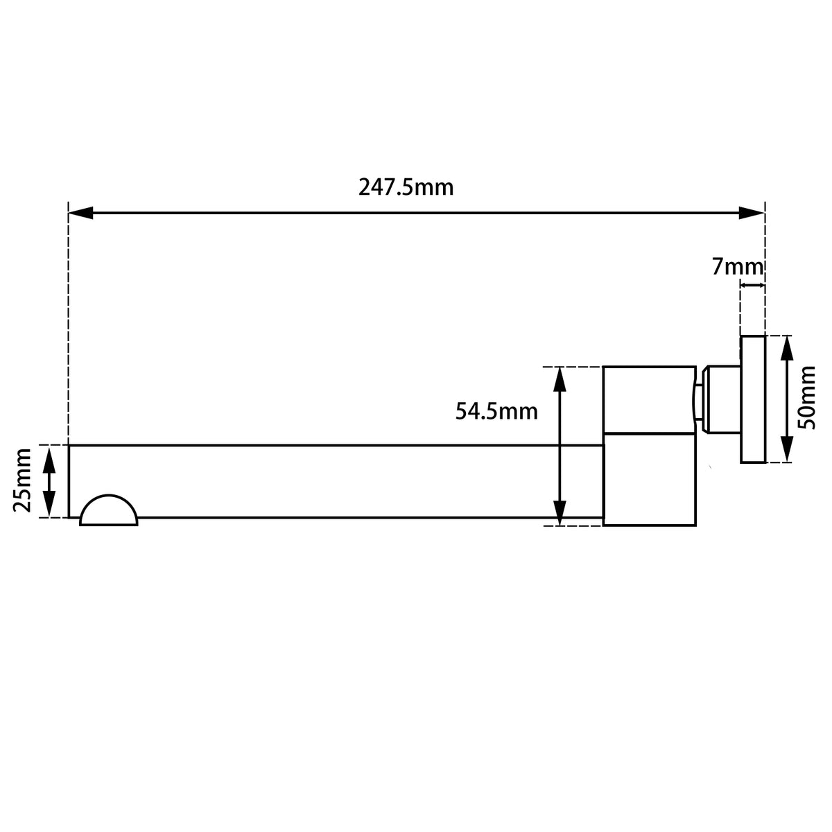 Solid brass round swivel basin and bath wall spout shown in black