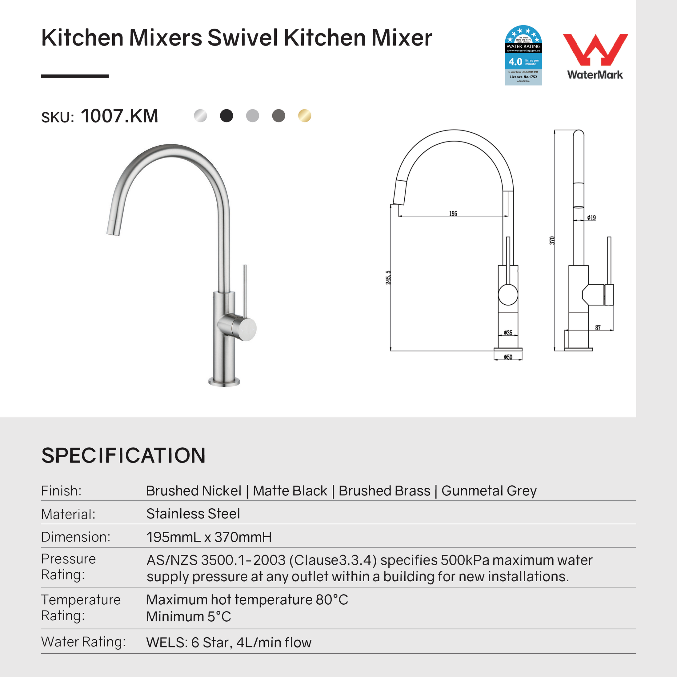 Water-efficient standard kitchen mixer with 360° swivel spout, 6 Star WELS rating, premium SEDAL cartridge, and 15-year warranty.-Kitchen Mixer-Ezymall AU