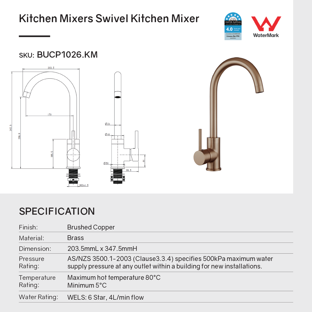 Brushed copper standard Kitchen Mixer specifications sheet