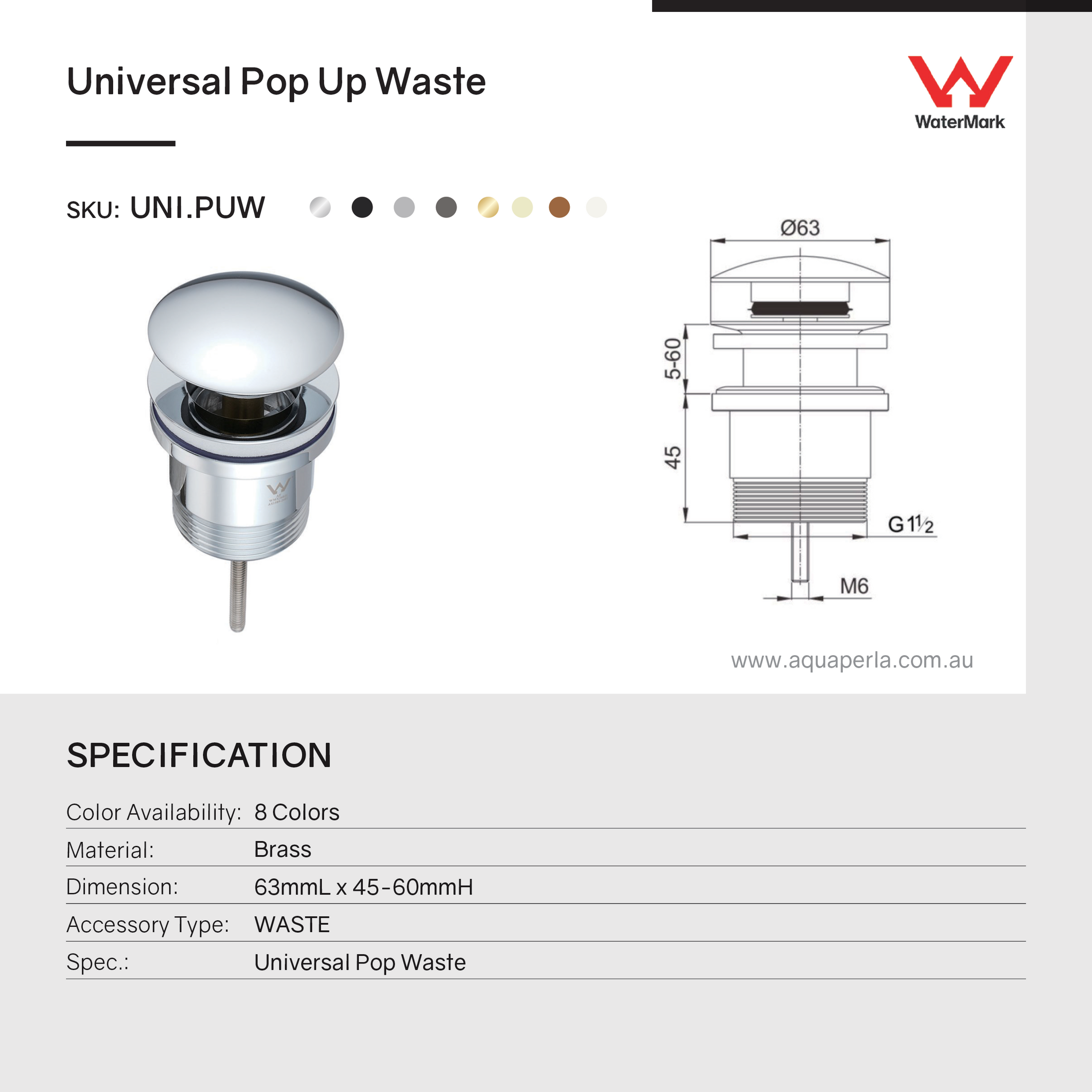 Universal chrome pop-up waste suitable for basin and bath use, featuring durable brass construction, removable grate, and overflow compatibility.-Sink Waste-Ezymall AU
