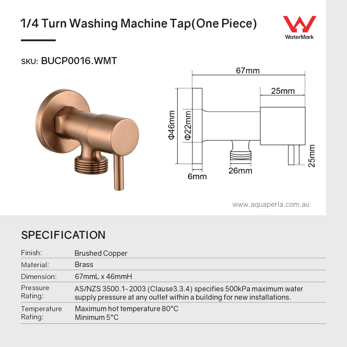 Specifications for solid brass washing machine stop tap in brushed copper