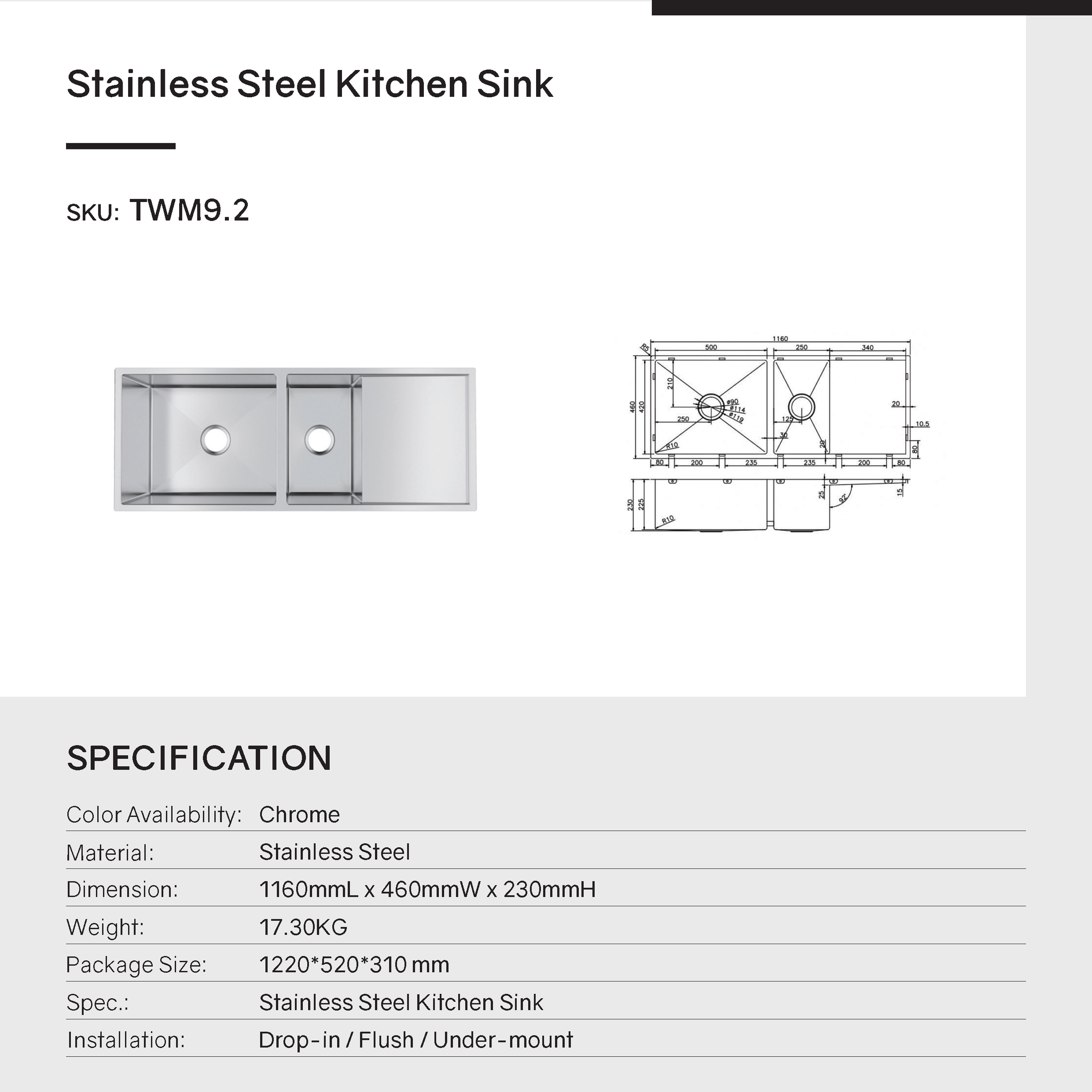 Upgrade your kitchen with our Stainless Steel 1 & 1/2 Bowl Kitchen Sink (1160x460x230mm). Handmade with drain board and a chrome silver finish. Durable and stylish.-Kitchen Sink-Ezymall AU