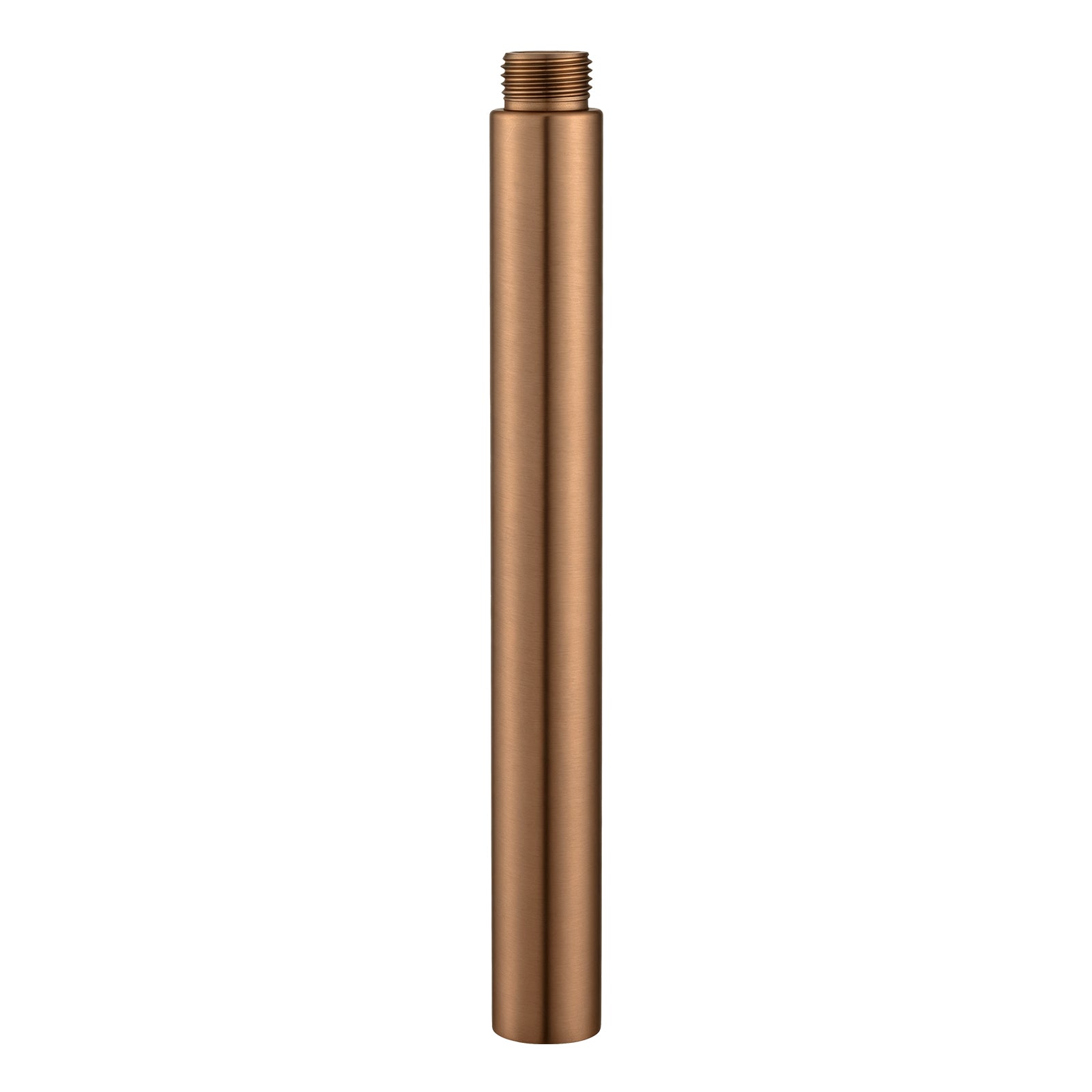 Detail view of stainless steel 200mm round ceiling shower arm in brushed copper
