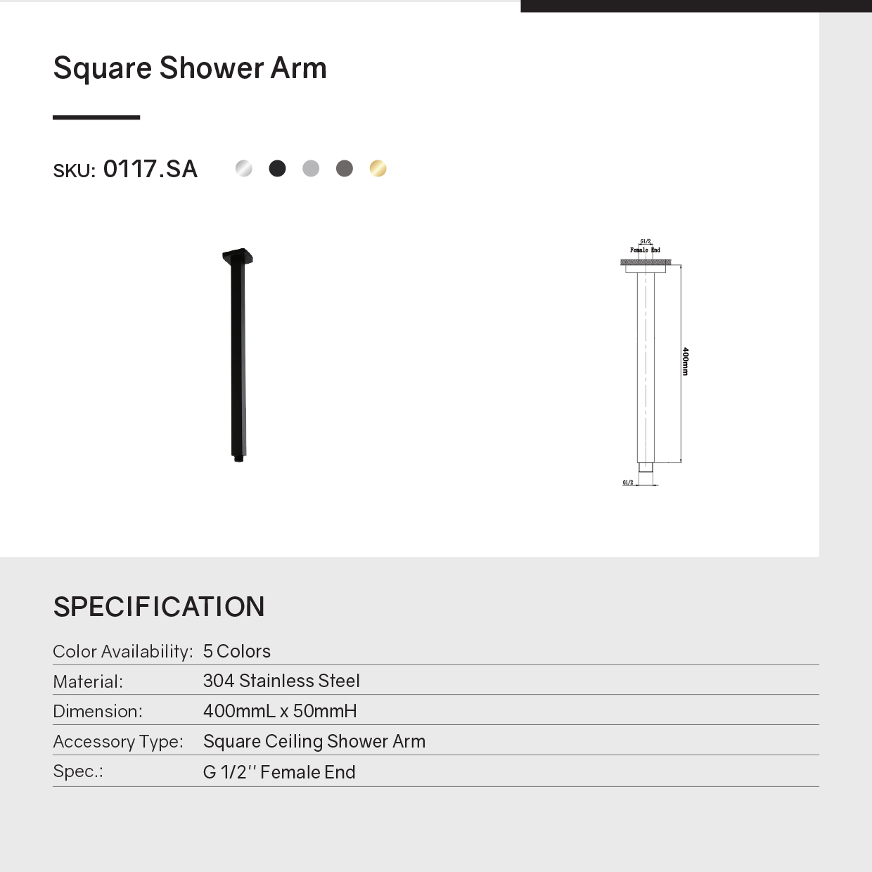 Complete your shower with this 400mm square ceiling shower arm in black. Made from stainless steel for durability and style. Perfect for modern bathrooms. Order now!-Shower Arm-Ezymall AU