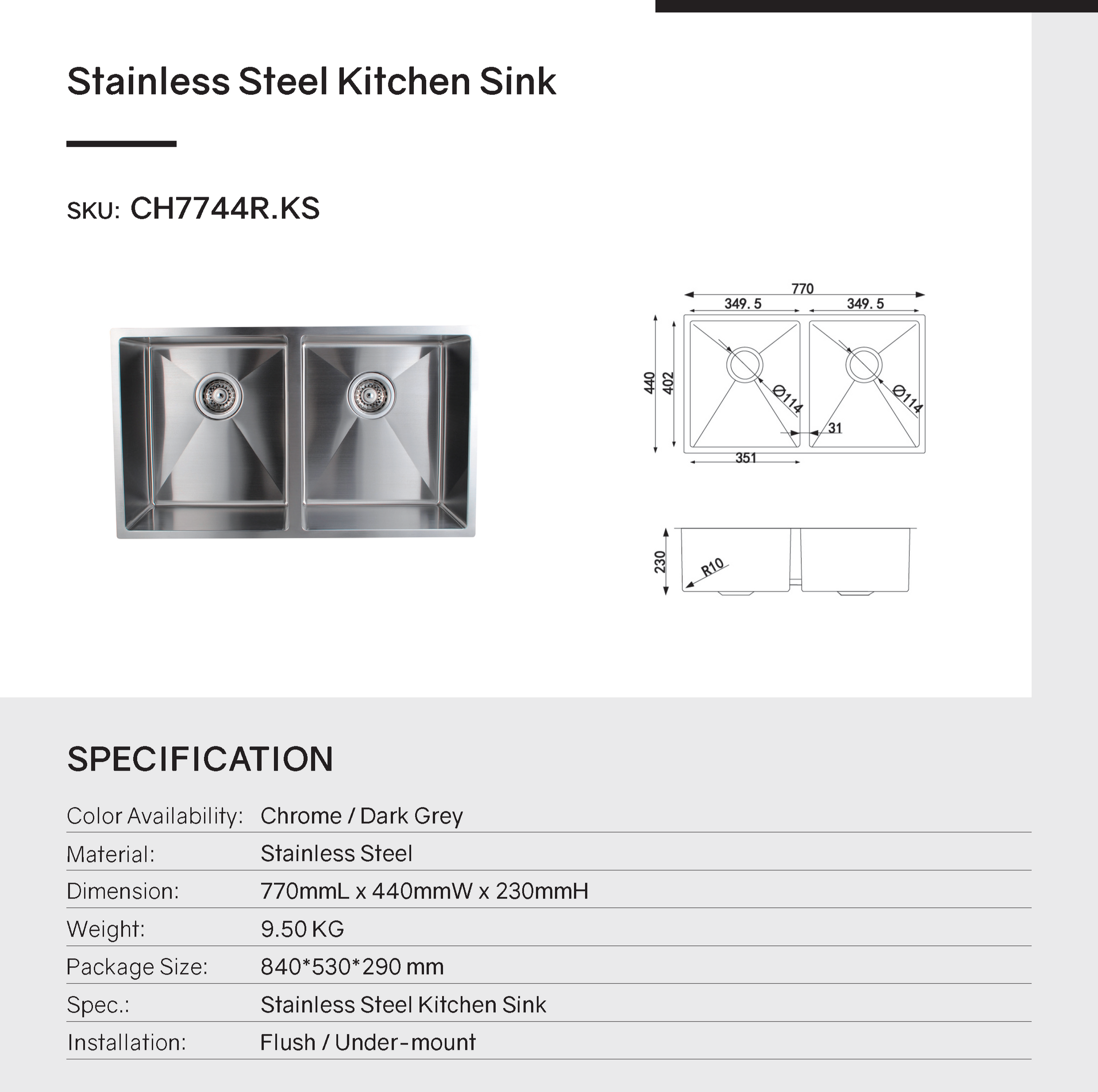 Upgrade your kitchen with our Stainless Steel Double Bowl Kitchen Sink (770x440x230mm). Sleek chrome silver finish. Durable and stylish for any modern kitchen.-Kitchen Sink-Ezymall AU