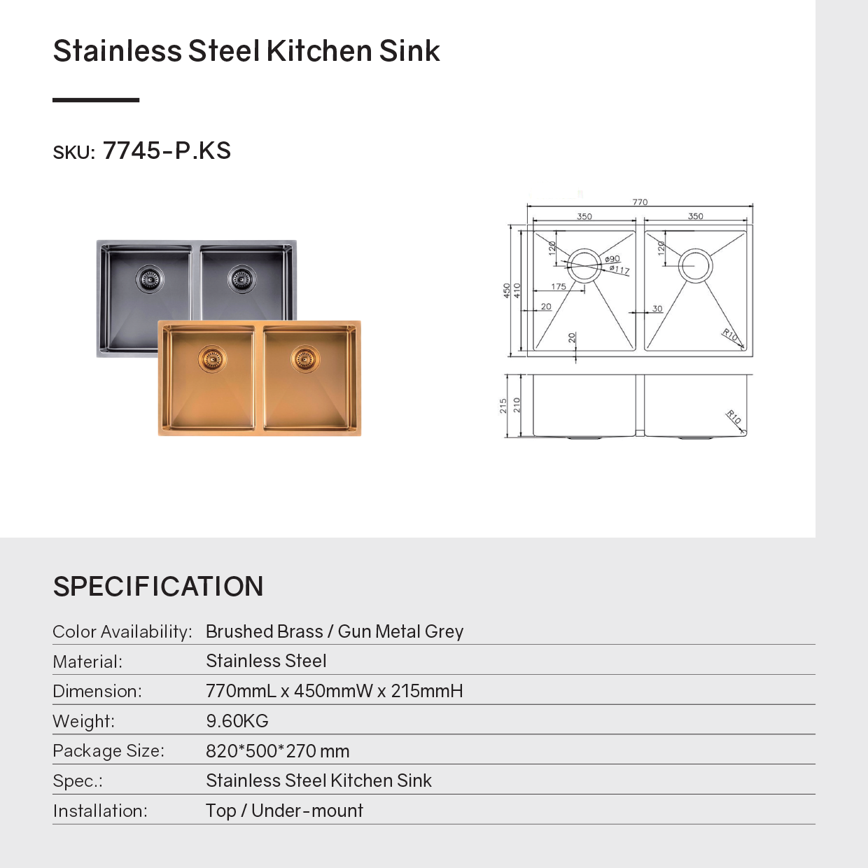 Premium 770mm gunmetal PVD stainless steel double bowl kitchen sink with two matching waste strainers, two bottom grids and versatile installation options.-Kitchen Sink-Ezymall AU