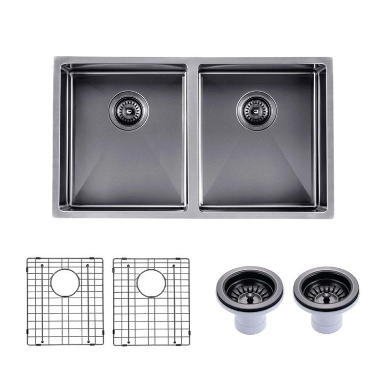 Premium 770mm gunmetal PVD stainless steel double bowl kitchen sink with two matching waste strainers, two bottom grids and versatile installation options.-Kitchen Sink-Ezymall AU