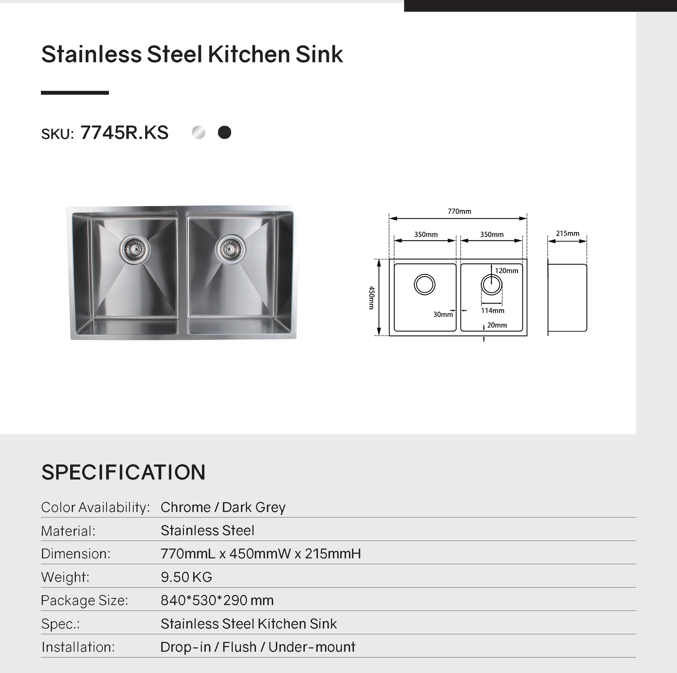 Upgrade your kitchen with our Gunmetal Grey Stainless Steel Double Bowl Kitchen Sink (770x450x215mm). Durable, stylish, and easy to clean. Shop now at Ezymall!-Kitchen Sink-Ezymall AU