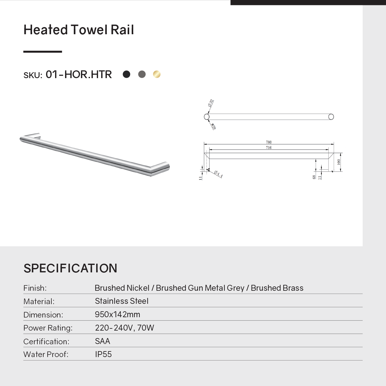 Stainless steel heated towel rail with IPX4 rating. No switch or timer. AS/NZS 3350 & SAA certified. Heats to 45°C in 20 mins. 2-year warranty. Electrician install required.-Heated Towel Rail-Ezymall AU