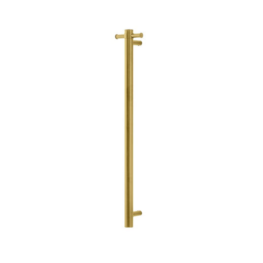 Rear view of brushed brass vertical heated towel rail showing wall mounts