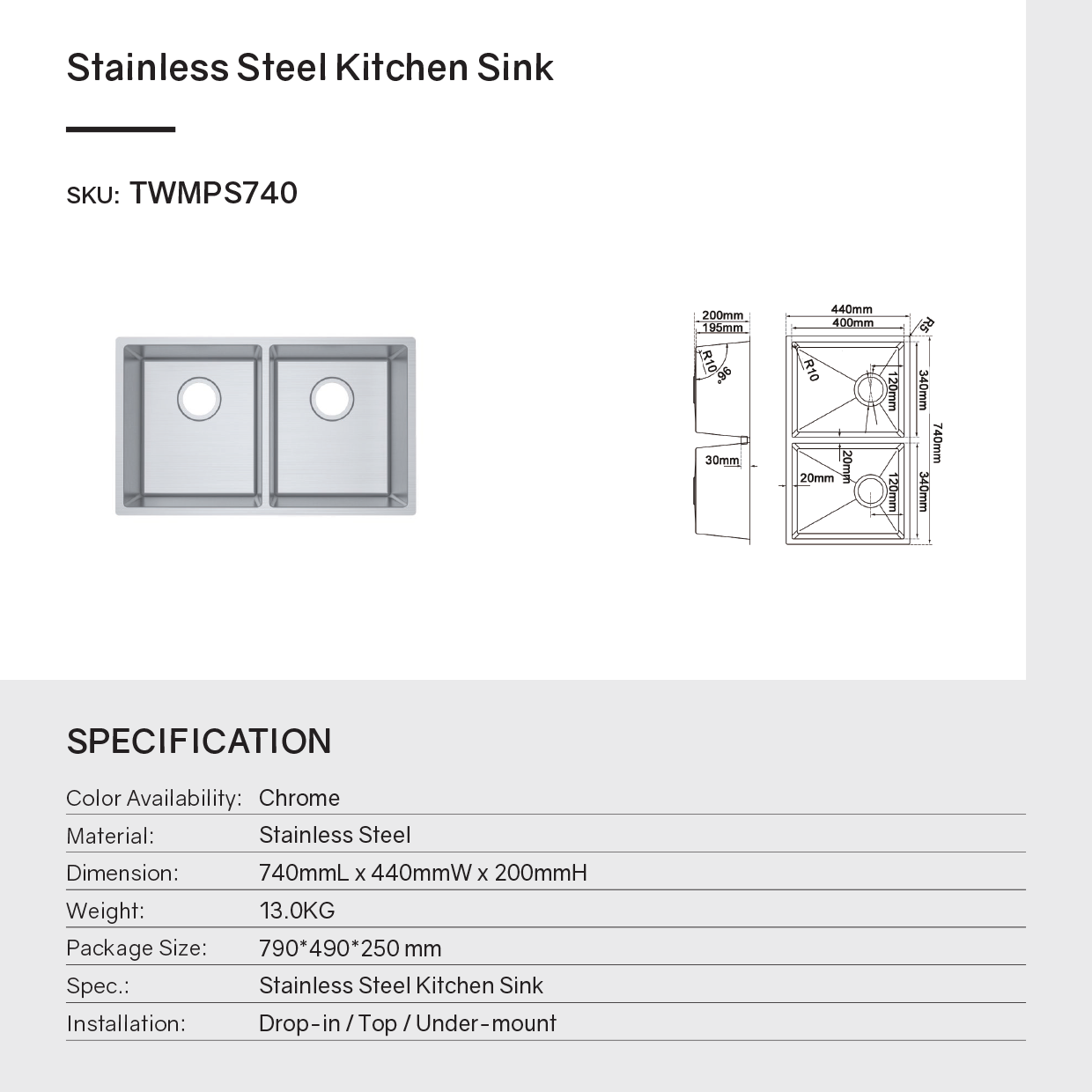 Premium 820mm handmade stainless steel double bowl kitchen sink with 1.2mm thick 304 stainless steel, satin finish and versatile installation options.-Kitchen Sink-Ezymall AU