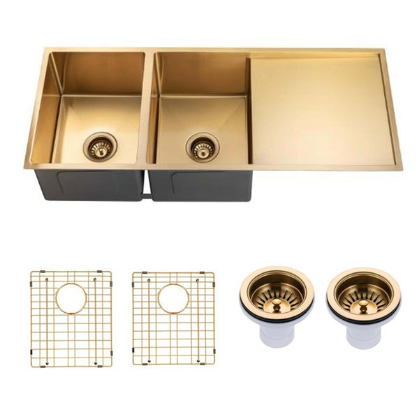 Premium 1160mm brushed brass PVD stainless steel double bowl kitchen sink with integrated drainboard, reversible installation and matching waste strainers.-Kitchen Sink-Ezymall AU