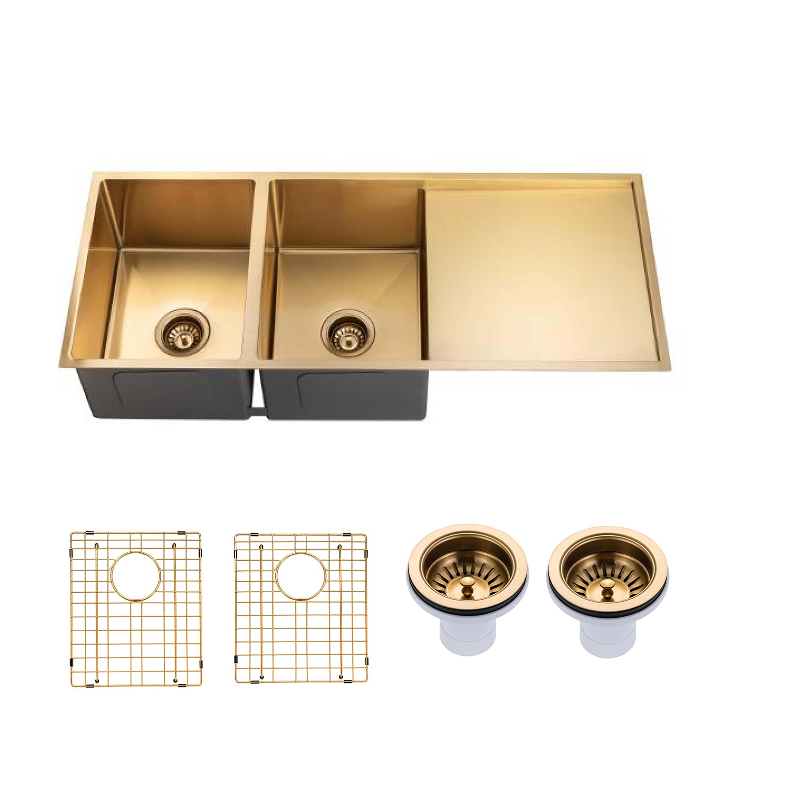 A double-basin kitchen sink with a brushed gold finish and a matching right-side tray, shown with two drain assemblies and two wire grids on a plain white background.