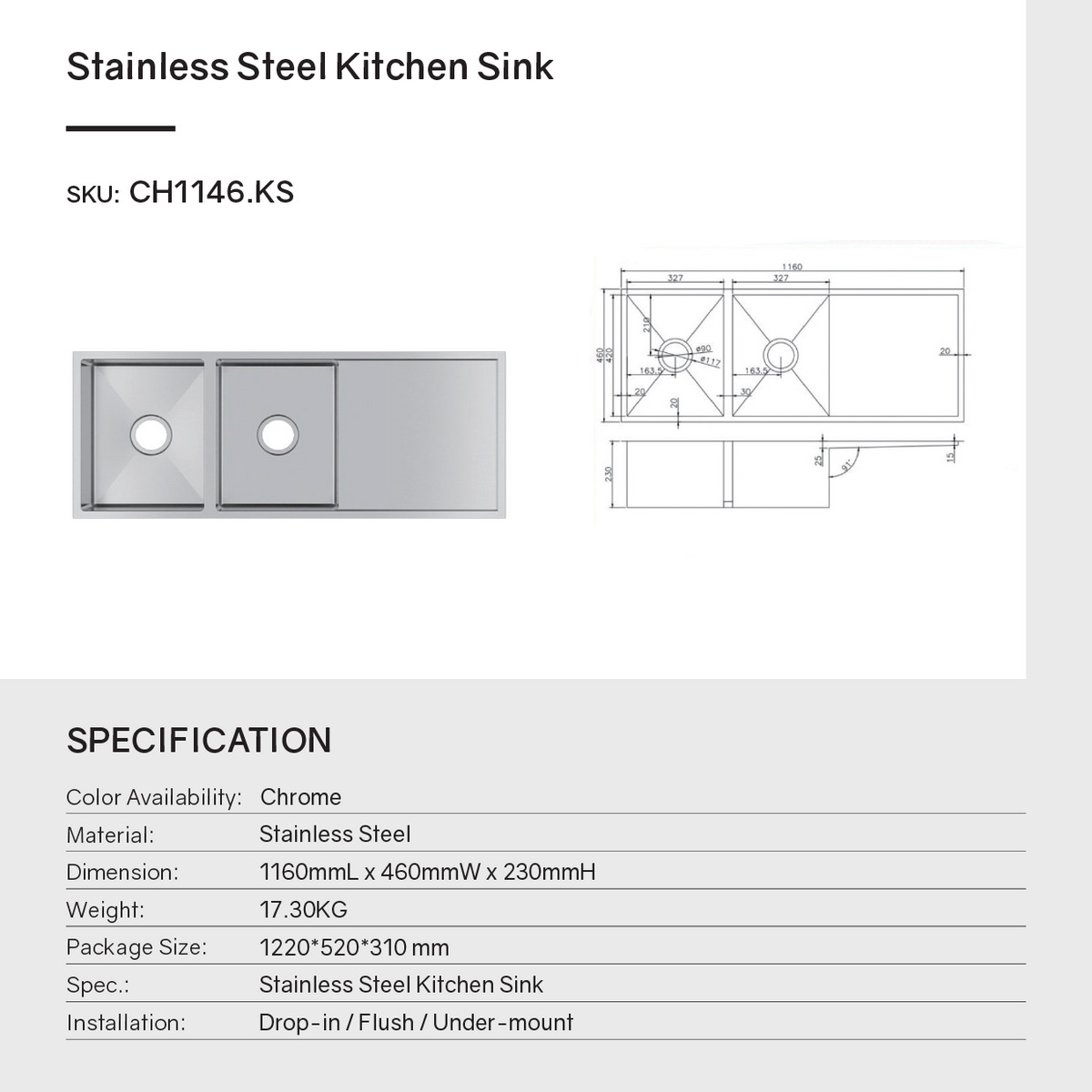 Stainless steel handmade double bowl kitchen sink with drain board 1160460230mm chrome silver – view 3