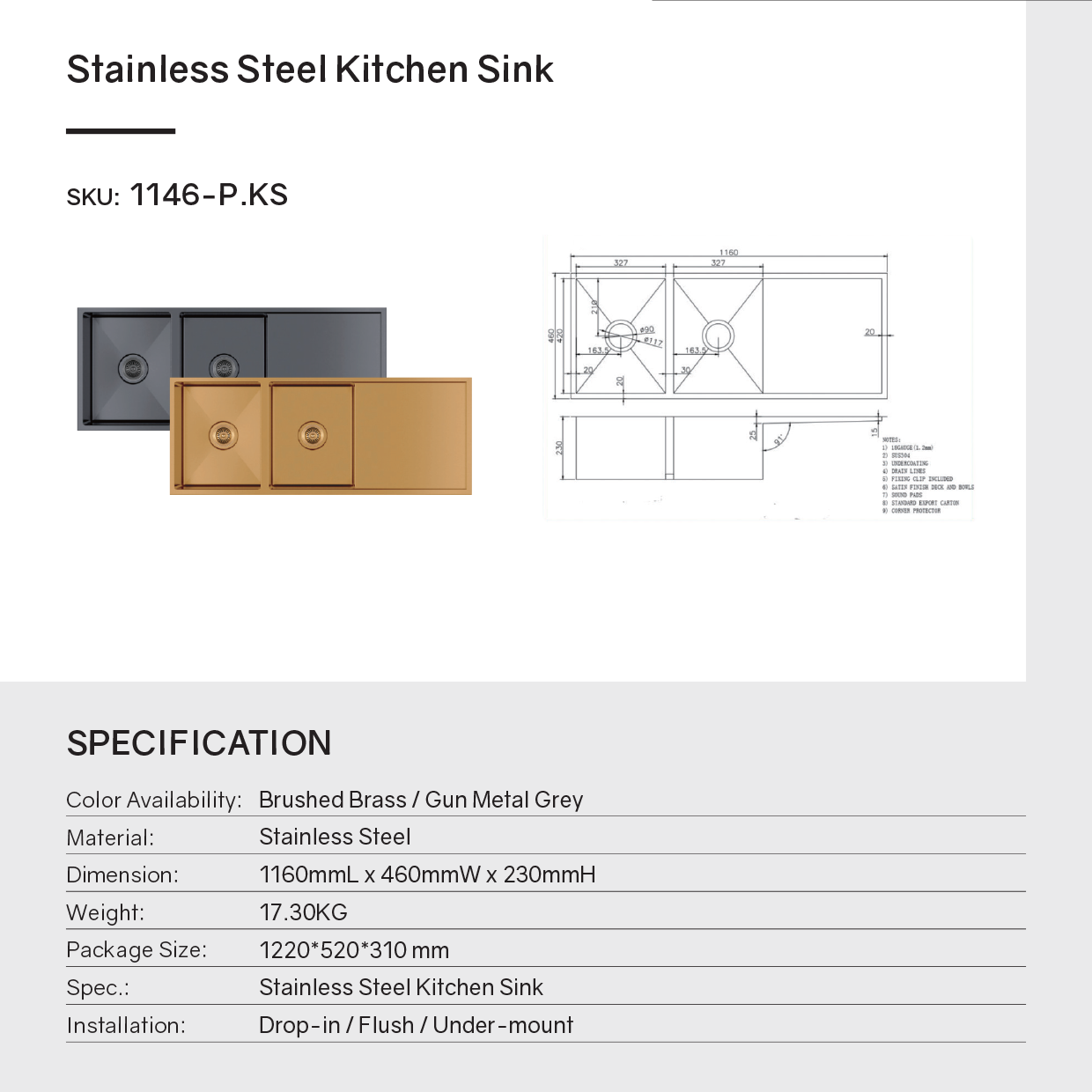 Premium 1160mm brushed brass PVD stainless steel double bowl kitchen sink with integrated drainboard, reversible installation and matching waste strainers.-Kitchen Sink-Ezymall AU