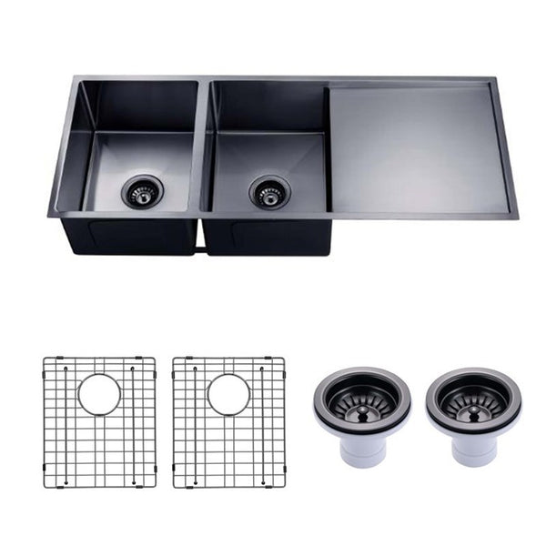 Premium 1160mm brushed brass PVD stainless steel double bowl kitchen sink with integrated drainboard, reversible installation and matching waste strainers.-Kitchen Sink-Ezymall AU