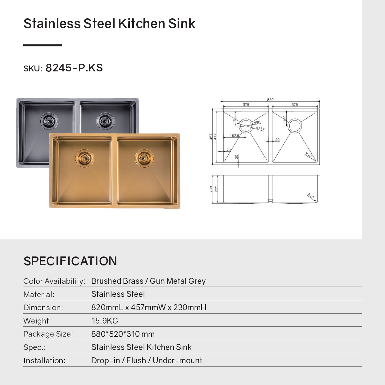 Premium 820mm gunmetal PVD stainless steel double bowl kitchen sink with two matching waste strainers, two bottom grids and versatile installation options.-Kitchen Sink-Ezymall AU