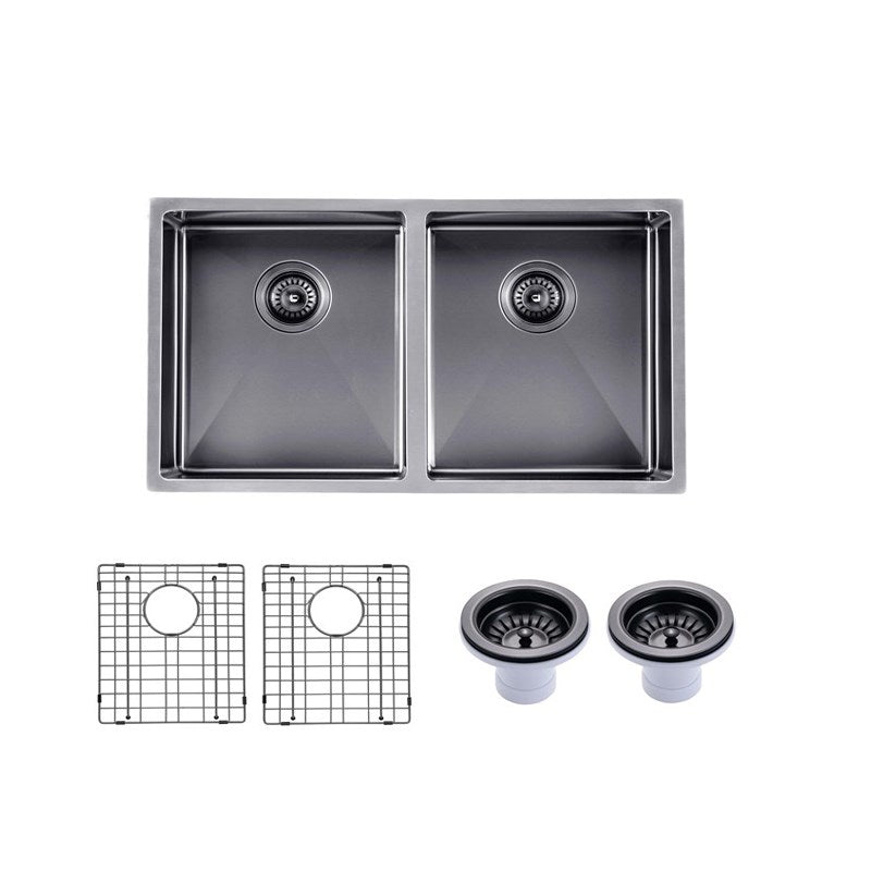 Premium 820mm gunmetal PVD stainless steel double bowl kitchen sink with two matching waste strainers, two bottom grids and versatile installation options.-Kitchen Sink-Ezymall AU