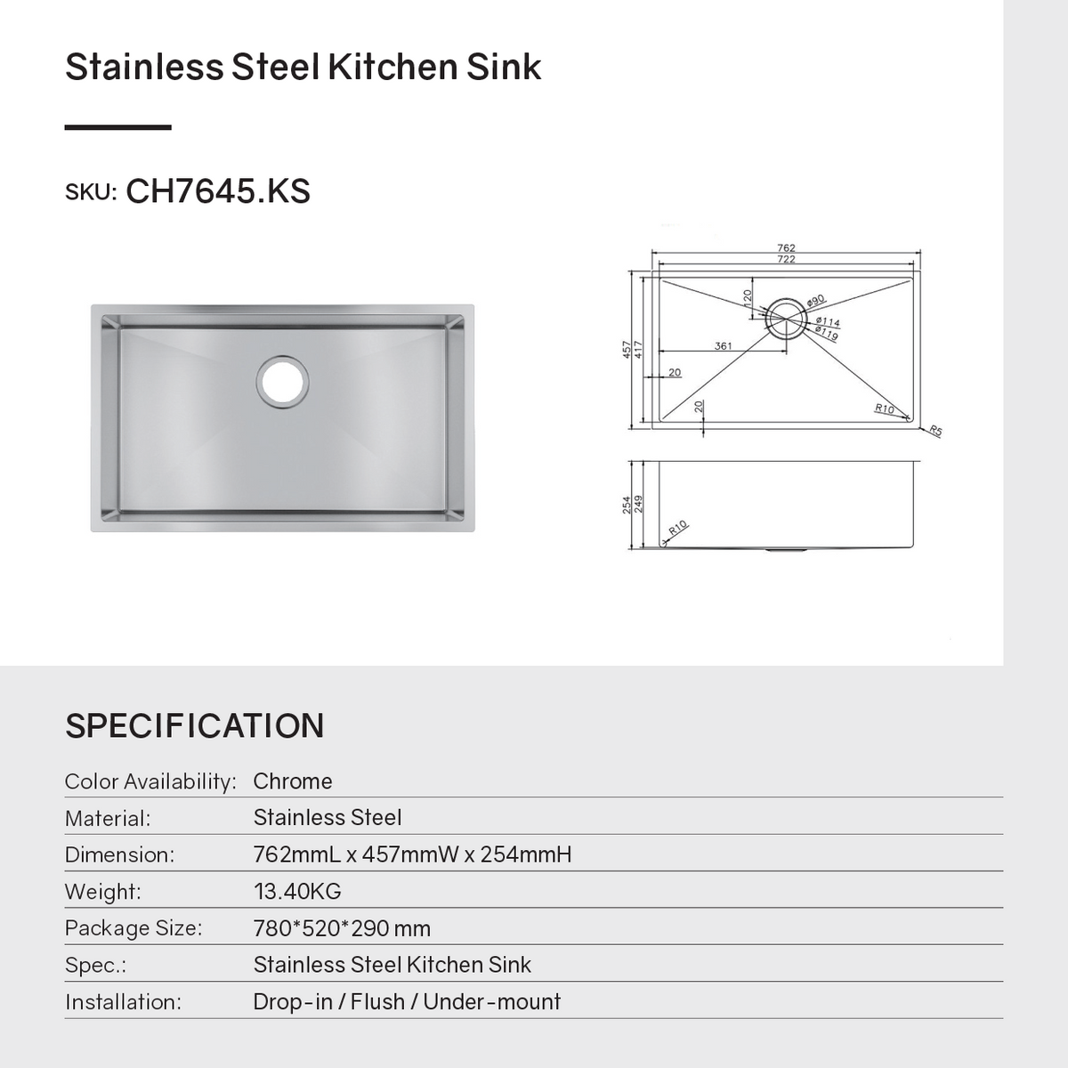 Stainless steel handmade single bowl kitchen sink 762457254mm chrome silver – view 4