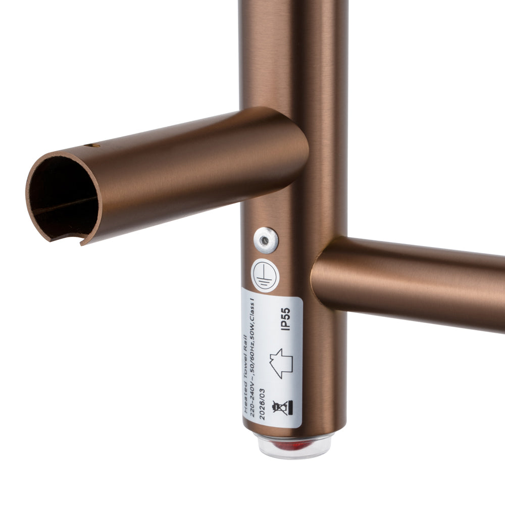 Side view of Brushed Copper stainless steel 4-bar round heated towel rail