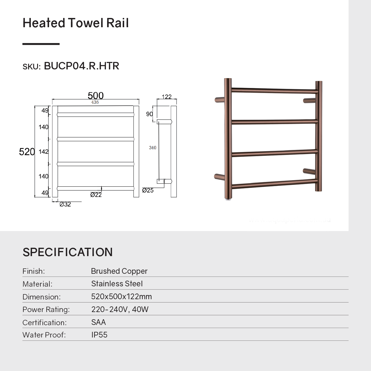 Dimension diagram for Brushed Copper stainless steel 4-bar round heated towel rail