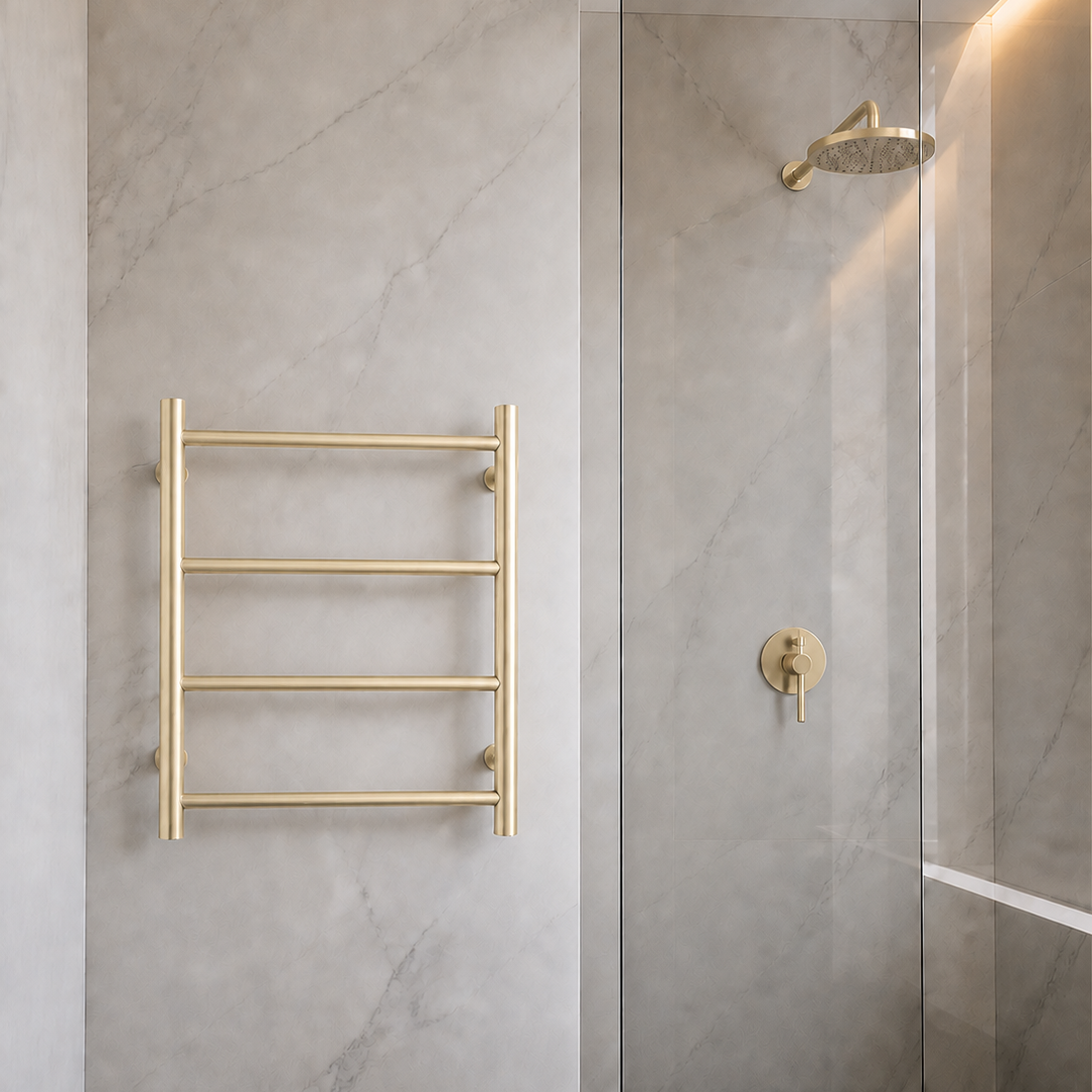 Stainless Steel Heated Towel Rail 4 Bars Round - Light Brushed Brass Gold – alternate view 2