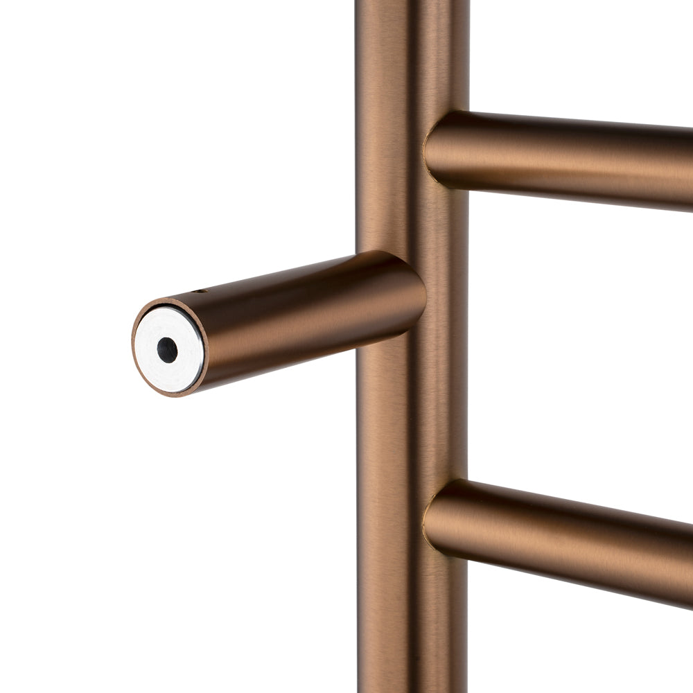 Side view of Brushed Copper stainless steel 6-bar round heated towel rail
