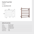 Load image into Gallery viewer, Dimension diagram for Brushed Copper stainless steel 6-bar round heated towel rail
