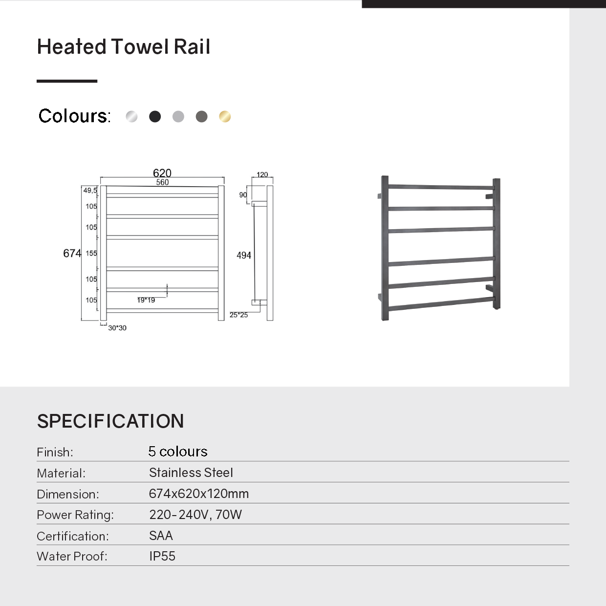 Add a touch of modern elegance to your bathroom with our Stainless Steel Heated Towel Rack featuring 6 square bars in gunmetal grey. Shop now at Ezymall Australia!-Heated Towel Rail-Ezymall AU