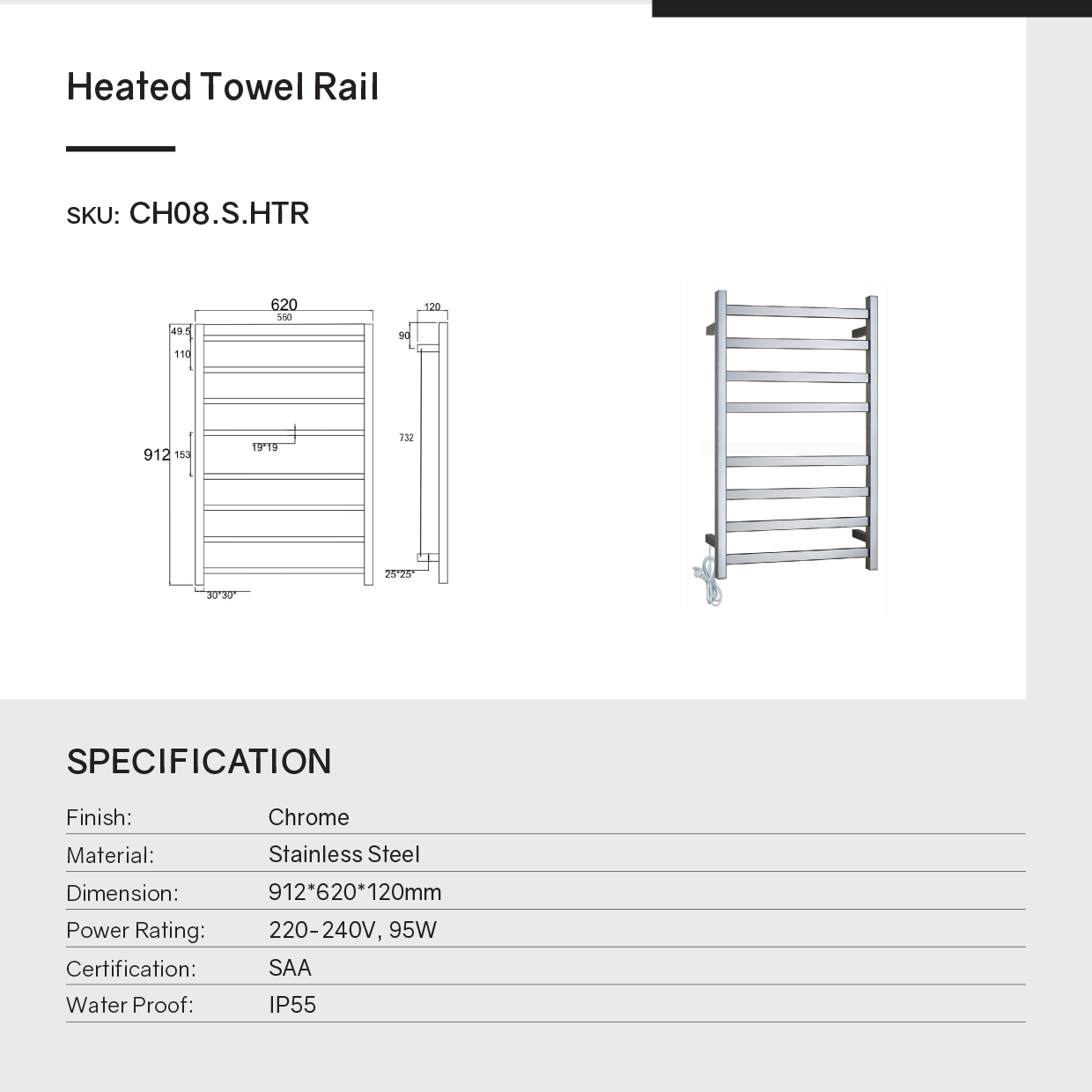Keep your towels warm and dry with our Black Stainless Steel Heated Towel Rack. Features 8 square bars for efficient heating and a modern design.-Heated Towel Rail-Ezymall AU