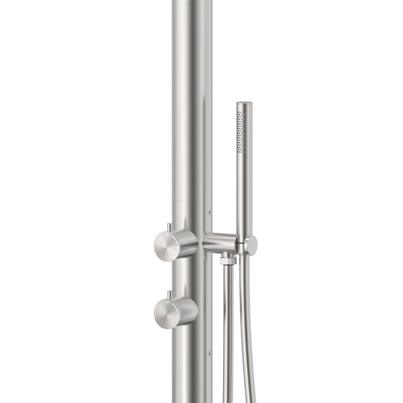 Durable stainless steel outdoor freestanding shower with handheld, ceramic cartridge, separate hot and cold connections, and 3 Star WELS rating.-Freestanding Shower Station-Ezymall AU