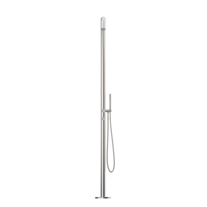 Durable stainless steel outdoor freestanding shower with handheld, ceramic cartridge, separate hot and cold connections, and 3 Star WELS rating.-Freestanding Shower Station-Ezymall AU