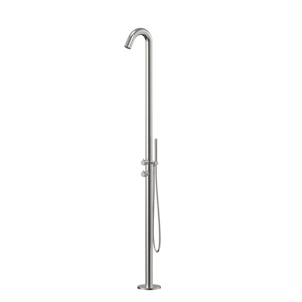 Durable stainless steel outdoor freestanding shower with handheld, ceramic cartridge, separate hot and cold connections, and 3 Star WELS rating.-Freestanding Shower Station-Ezymall AU